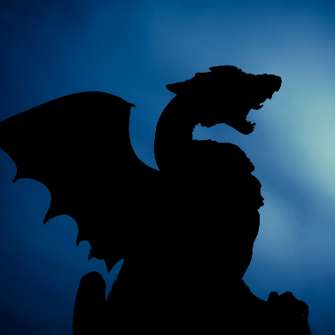 Illustration of a black dragon silhouette against a dark blue background.