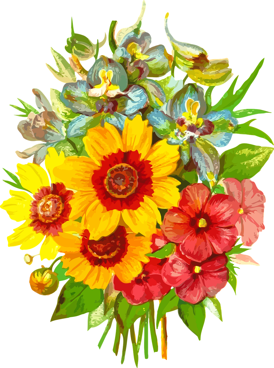 Illustration of a bouquet of various flowers.