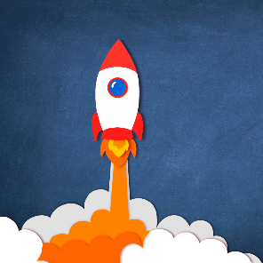 Illustration of a rocket ship blasting off into space.