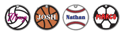 Illustration of 4 different sports balls, each with a name written inside them.