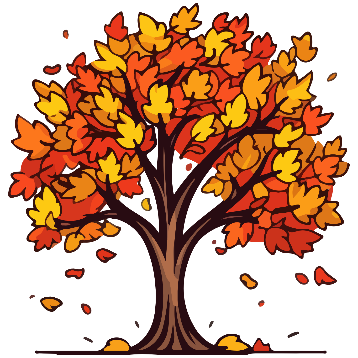 Illustration of a fall tree with red, orange, and yellow leaves.