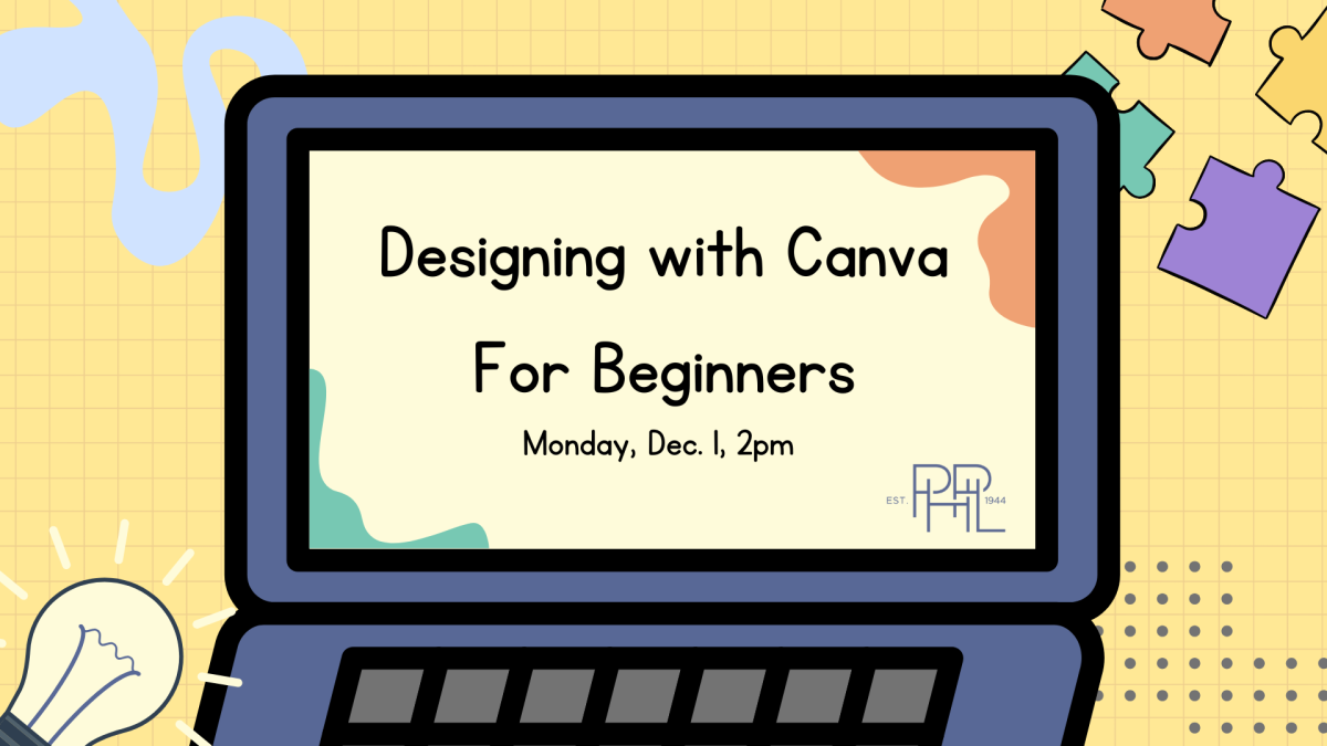 Image that shows a computer and text: Designing with Canva for Beginners  Monday, Dec. 1, 2pm 